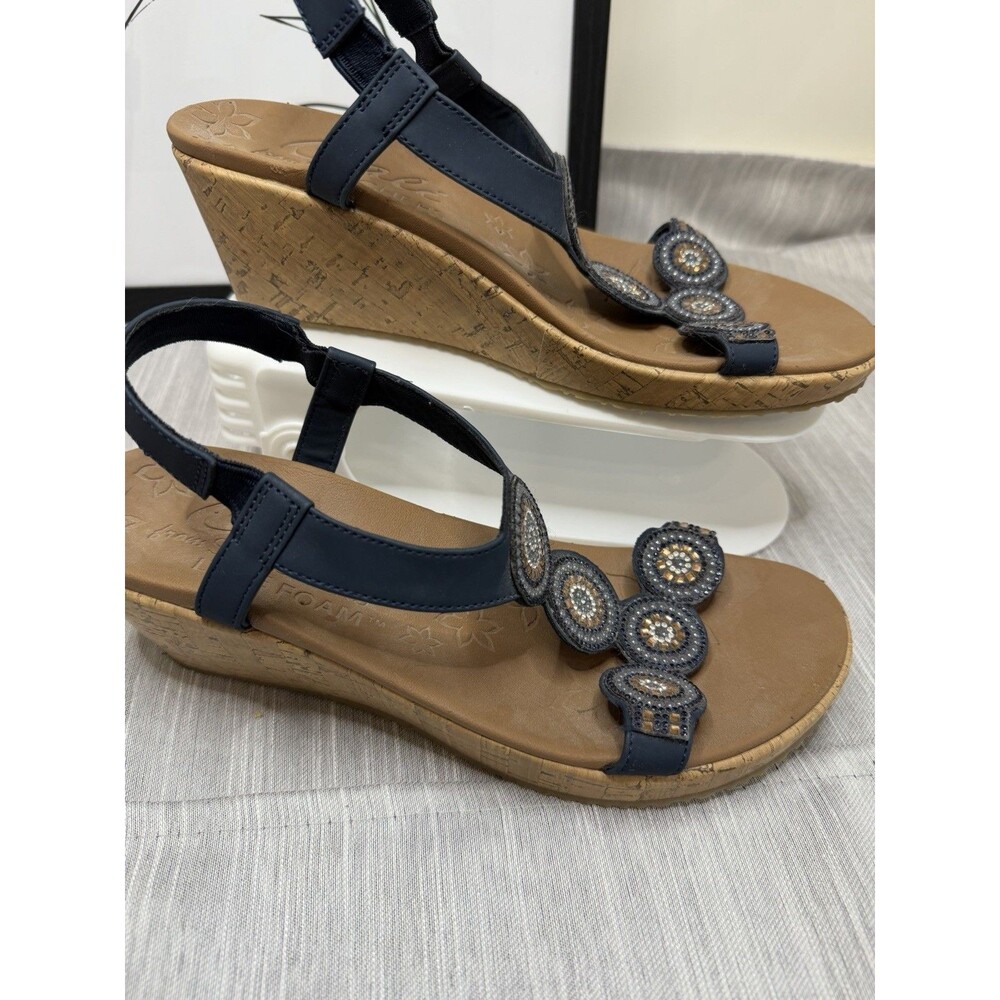 Cali By Skechers Luxe Foam Women's 10 Sandals Wedge Navy Blue Beaded Stretc